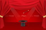 Magician Top Hat and Wand on Stage with Red Curtains